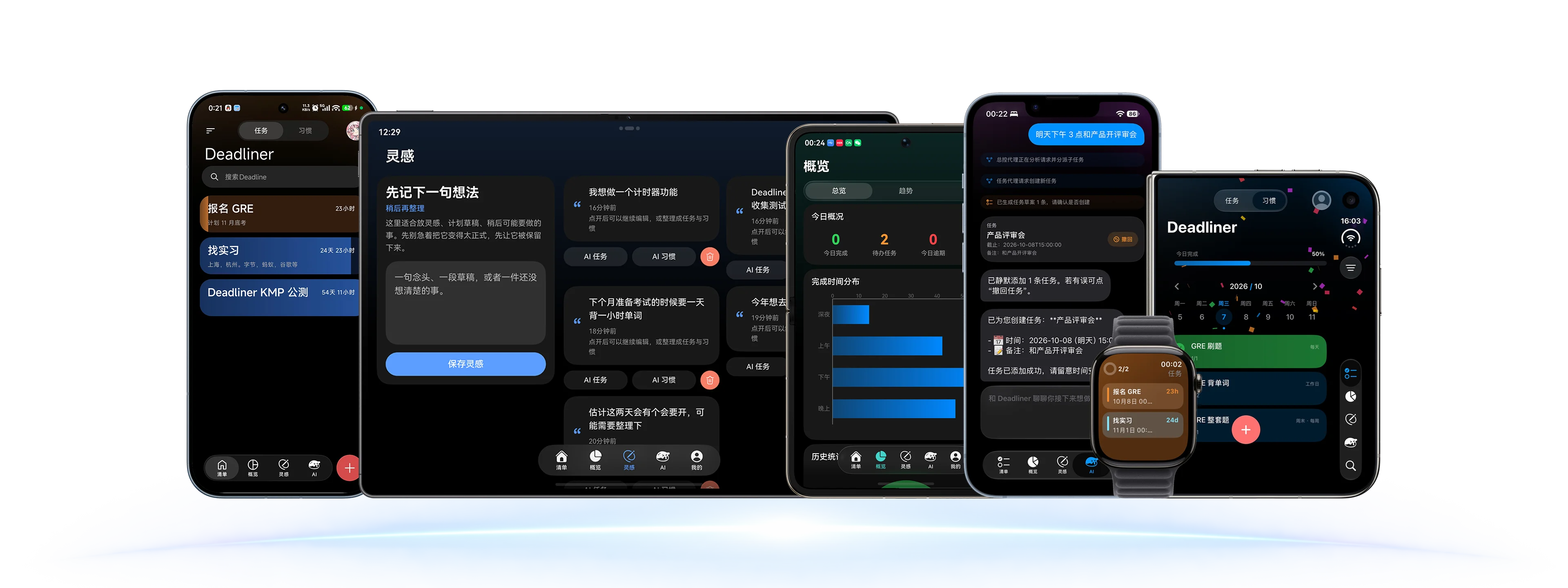 Deadliner 在手机、平板与手表上的任务、灵感、AI 对话和概览界面